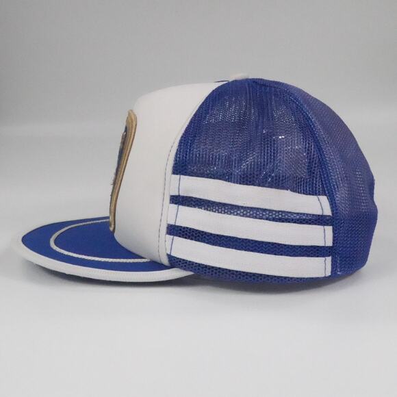 Vintage Three Stripe Hat Cap Snapback Blue Trucker Lowenbrau Beer Patch Logo - Picture 2 of 9